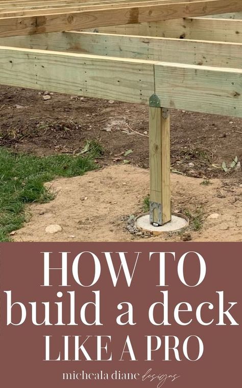 How to build a deck step-by-step guide. Sharing all our tips and tricks on how to build a deck like a pro on your own and save money! How to build a deck on a budget. What you need to know to build a raised deck. Deck design ideas. DIY Deck Ideas. Diy Deck Building, 10 X 12 Deck Plans, Decks With Stairs All Around, Diy Front Steps How To Build, Deck Building Plans Design, How To Build A Deck On A Budget, Budget Friendly Deck Ideas, Diy Raised Deck Ideas On A Budget, Diy Back Deck Ideas