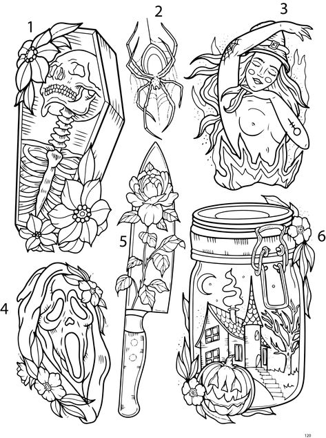 Female Filler Tattoos, Creepy Tattoos Stencil, Spooky Tattoo Flash Sheet, Horror Flash Tattoo Designs, Line Work Flash Tattoo, Halloween Tattoo Stencil Outline, Gothic Tattoo Flash Sheet, Old Habits Die Screaming Tattoo, Goth Patch Work Tattoos