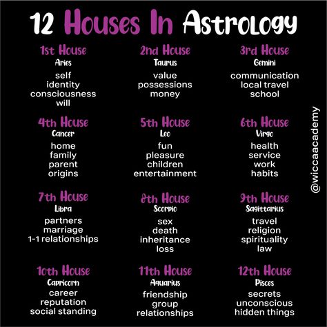 In astrology, the 12 houses represent different areas of life and personality traits. Each house is associated with a specific zodiac sign, ruling planet, and aspects of life such as relationships, career, and health. The first house represents the self and personality, while the 12th house represents endings and spirituality. The houses can give insight into an individual's strengths, weaknesses, and life path. 12 Houses In Astrology, House 11 Astrology, Astrology Houses Charts, Zodiac Houses Chart, 12 House Astrology, 7 House Astrology, 12 Areas Of Life, Zodiac Signs And Elements, 11 House Astrology