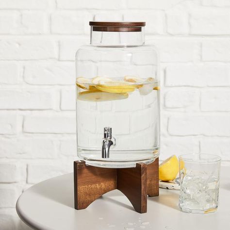 Pure Glass Wood Base Drink Dispenser Spa Water Dispenser, Drink Dispensers Wedding, Cute Water Dispenser, Water Dispenser Ideas Kitchens, Water Dispenser Stand, Glass Water Dispenser, Glass Drink Dispenser, Water Glass Set, Glass Beverage Dispenser