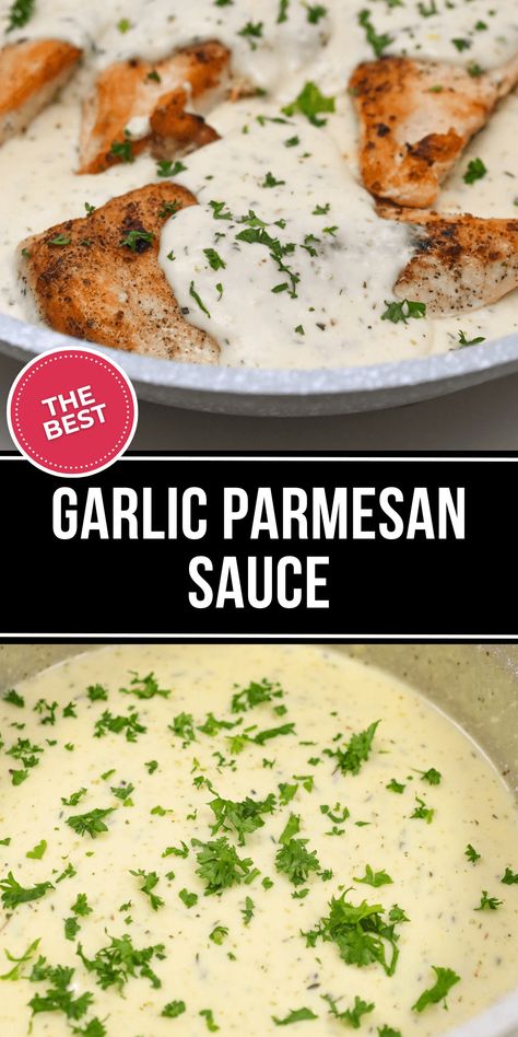 Garlic Parmesan Sauce goes great with anything and takes just a few minutes to make. Enjoy this buttery, creamy sauce on everything from chicken, to pasta, to seafood. Chicken Pasta Garlic Butter Sauce, Creamy Garlic Sauce For Seafood, Keto Garlic Parmesan Sauce, Garlic Parmesan Alfredo Sauce, Simple Sauce Recipes, Creamy Garlic Sauce For Chicken, Easy Garlic Parmesan Sauce, Easy Creamy Garlic Sauce, Garlic Parmesan Sauce For Chicken