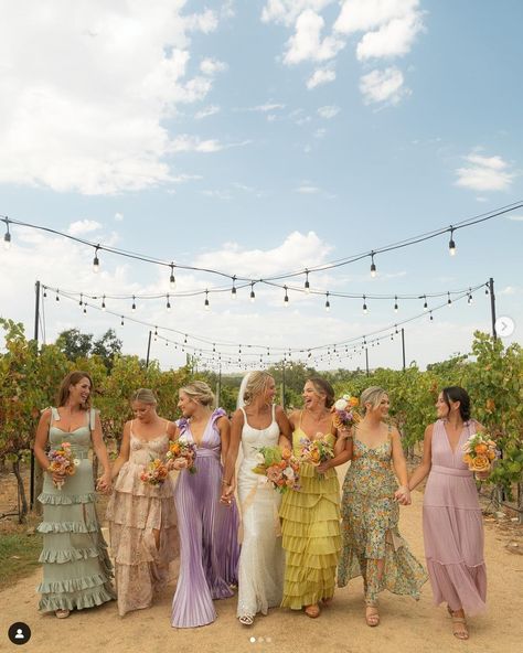 Dark Pastel Bridesmaid Dresses, Whimsical Garden Bridesmaid Dresses, Rainbow Bridesmaids Dresses, Wedding Bridesmaid Dresses Colorful, Different Textured Bridesmaid Dresses, Two Bridesmaids Only, Coordinated Bridesmaid Dresses, Maximalist Bridesmaid Dresses, Pastel Rainbow Bridesmaid Dresses