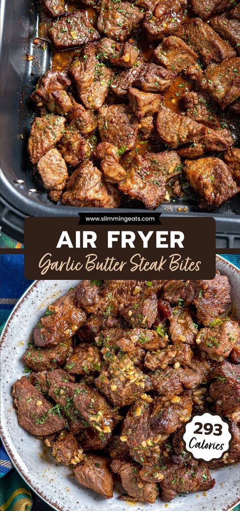 Dec 15, 2023 - Tender seasoned steak bites in a luscious garlic butter sauce, all prepared to perfection and cooked in the air fryer Air Fryer Steak Bites, Garlic Butter Steak Bites, Plats Ramadan, Butter Steak Bites, Air Fryer Garlic, New Air Fryer Recipes, Air Fryer Steak, Butter Steak, Air Fried Food