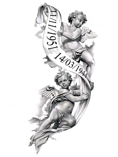 Filler Tattoo Ideas Gap Realism, Cupid Tattoo Men, Cherub Tattoo Designs, Angels Tattoo, Cherub Art, Cupid Tattoo, Archangel Tattoo, Heaven Tattoos, Cherub Tattoo