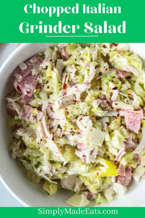 Grinder salad with deli meats and cheese in bowl. Grinder Sub Sandwich, Italian Grinder Salad, Tangy Salad Dressing, Salad Tiktok, Italian Grinder, Grinder Salad, Hawaiian Macaroni Salad, Vinegar Salad Dressing, Sub Sandwich