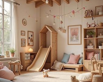 Kids Playroom Inspiration, Kids Play House Indoor, Kids Room Play Area, Kids Pretend Play Area, Farmhouse Kids Playroom, Children’s Playroom, Playroom Bedroom Combo, Playroom Snug, Playroom In Living Room