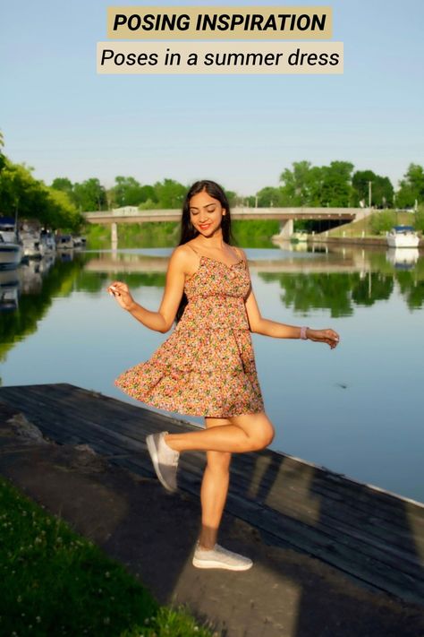 Simple Short Dress Poses, Dresses Poses Ideas, Photo Pose In Dress, Photo Poses In Midi Dress, Poses In Knee Length Dress, Pose For Short Dress, Short Dress Pic Ideas, One Piece Dress Poses Idea, Short Frock Photoshoot Poses