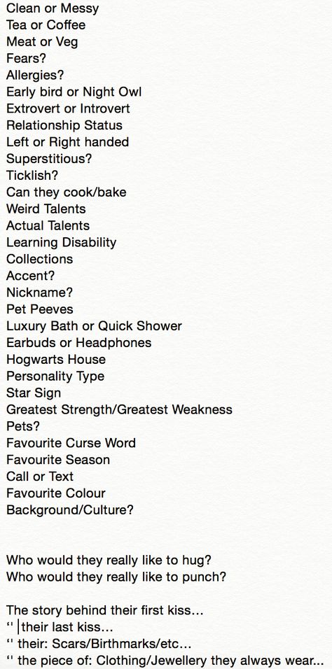 GET TO KNOW YOUR CHARACTER. Some things to ask your character to prevent them being bland/2D Basic Things To Know About Your Character, Things To Draw Your Character Doing, How To Plan Book Characters, Get To Know Characters, Physical Features To Give Characters, Places For Characters To Meet, How To Add Drama To A Story, Traits To Add To Characters, Things To Ask About Your Character