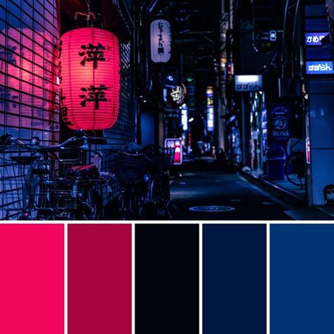 Japan Theme Colour PaletteUsed Photo by Jase Bloor from Unsplash website. Color Palette City Night, Tumblr Color Palettes, Website Color Theme, Kitsune Color Palette, Blue Hour Color Palette, Dark Saturated Color Palette, Pixel Art Colour Palette, Dark Neon Color Palette, Tokyo Color Palette