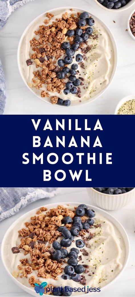 This quick and easy vanilla smoothie bowl is so delicious and tastes like ice cream! It makes for such an amazing healthy breakfast or snacking recipe that's filling and very satisfying, thanks to the addition of rolled oats and hemp seeds. Fully vegan, dairy-free and naturally gluten-free. Gluten Free Smoothie Bowls, Paleo Smoothie Bowl, Vanilla Acai Bowl Recipe, Frozen Smoothie Bowl Recipe, Lunch Smoothie Bowl, Dairy Free Smoothie Bowl, Copycat Playa Bowls, Smoothie Bowl Toppings List, Oat Smoothie Bowl