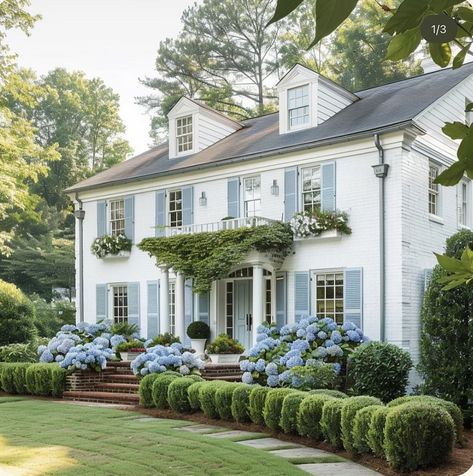 Harbor Blue House | The home of (everyone’s) dreams 💙🤍 That garden… those shutters… Happy Monday, friends! Courtesy of @old_line_home by Rachel… | Instagram Colonial House Exteriors, Floral Chintz, Blue Shutters, Aesthetic 2024, Chintz Fabric, Blue Chinoiserie, Dream Life House, White Picket Fence, Up House