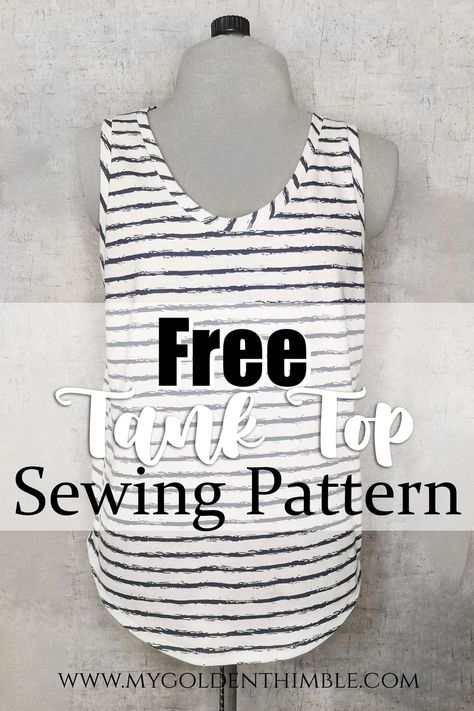 white and black strips tank top sewing pattern on a mannequin Women's Tank Top Pattern Free Sewing, How To Sew A Tank Top Free Pattern, Easy Tank Top Sewing Pattern Free, Easy Tank Top Sewing Pattern, How To Sew A Tank Top, Free Tank Top Pattern Sewing, Free Shirt Patterns For Women, Tank Top Pattern Sewing, Tank Top Pattern Free