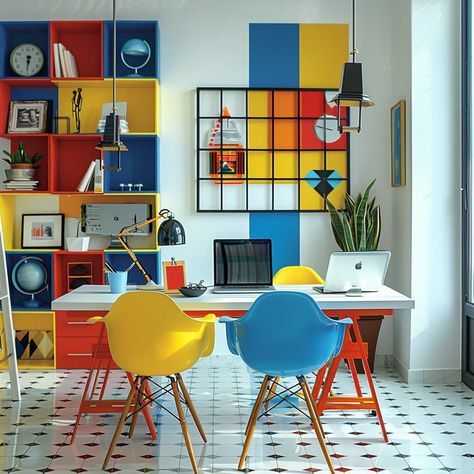 Bauhaus Boldness with Primary Color Palettes for a Functional House Interior • 333+ Art Images Bauhaus Interior Design Office, Primary Colors Room, Primary Colour Interior Design, Primary Colors Decor, Primary Colors Interior Design, Primary Colors Aesthetic Room, Primary Color Interior Design, Bauhaus Interior Bedroom, Bauhaus Color Palette