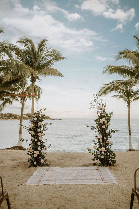 Free Standing Flower Pillars for a Beach Wedding Ceremony Floral Arch Beach Wedding, Wedding Arch Beach Simple, Beach Wedding Arbour, Beach Wedding Alters, Wedding Alter Backdrop Outdoor, Beach Wedding Arbor Ideas, Beach Wedding Small Ceremony, Ceremony Backdrop Beach, Standing Beach Wedding Ceremony