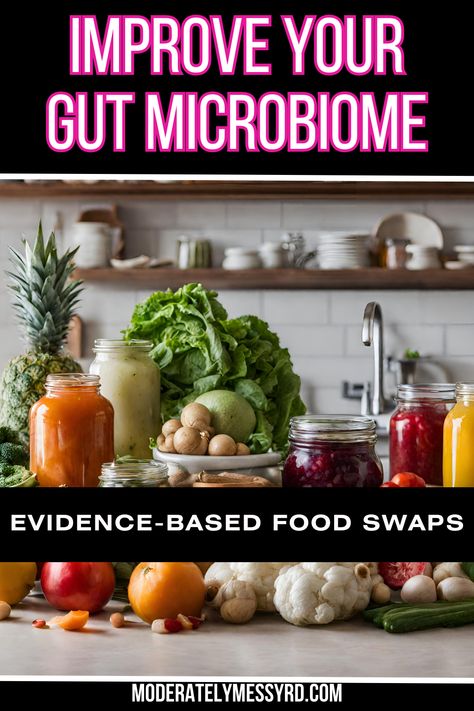 Evidence-based food swaps you can make to improve your gut microbiome! Your guide to gut healthy foods with recipes to incorporate them! This is based on all the latest research - even though there is still much more needed. Food Good For Microbiome, High Prebiotic Foods, Best Foods For Microbiome, Healthy Microbiome Foods, Improving Gut Microbiome, Gut Dysbiosis Diet, Gut Biome Foods, Probiotic Recipes Healthy, How To Improve Gut Microbiome