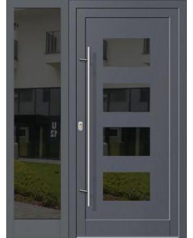 Aluminum & Stainless steel Front entry door with left glass panel / left sidelight Domadeco Aluminum Doors Design Exterior, Aluminum Front Door, Front Foor, Aluminium Door Design, Glass Entrance Doors, Residential Entrance, Aluminium Front Door, Front Entry Door, Aluminum Doors