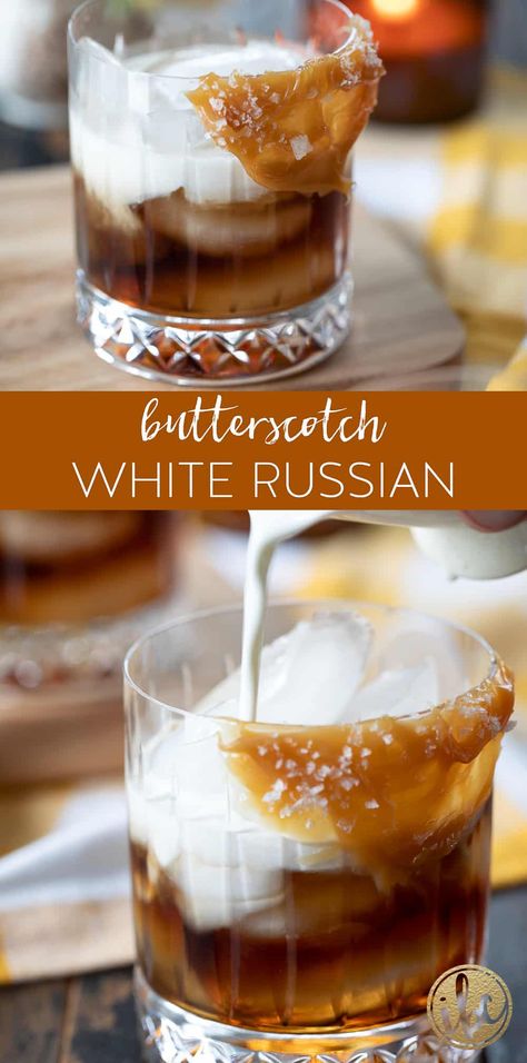 This Butterscotch White Russian is a modern twist on the beloved classic cocktail. With the introduction of butterscotch schnapps, vanilla vodka, and sea salt butterscotch garnish, this drink transforms from a simple pleasure to an indulgent treat. #whiterussian #cocktail #drink #recipe #butterscotch Burnetts Vodka Recipes Drinks, Vanilla Vodka Snowball, Caramel Kiss Vodka Drinks, Butterscotch Rum Drinks, Butterscotch Martini Recipe, Butterscotch Snaps Drinks, Butterscotch Whiskey Drinks, Cinnamon Schnapps Drinks, Butterscotch Moonshine Cocktails