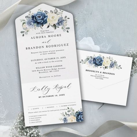 $3.80 | Dusty blue floral wedding Invitation featuring elegant bouquet of navy blue, royal blue, white, gold, champagne ivory, blush color rose, ranunculus flower buds and sage green eucalyptus leaves and elegant watercolor bouquet. #watercolorfloralbouquetnavyblue #whitechampagneivoryrosesleaf #eucalyptusgreeneryleavesmidsummer // Wedding aesthetic // Wedding ideas // #weddinginvitation #wedding #weddingstationery #weddinginvites #weddinginspiration #invitation #weddinginvitations #weddingideas Bouquet Navy Blue, Flowers Template, Rose Simple, Popular Wedding Invitations, Wedding Announcement Cards, Bohemian Garden, Wedding Watercolor, Summer Wedding Invitations, White Champagne