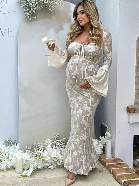 Momyknows White Lace Corset Square Neck Flare Sleeve Off Shoulder Bodycon Elegant Cocktail Party Maternity Photoshoot Baby Shower Maxi Dress White Dress Classy Long Sleeve, Maternity Boho Dress, Maternity Bride Dress, Maternity Party Outfit Winter, Christmas Party Dress Maternity, Maternity Baby Shower Outfit Winter, Western Baby Shower Outfit For Mom, Formal Dress Maternity, Fall Baby Shower Dress For Mom