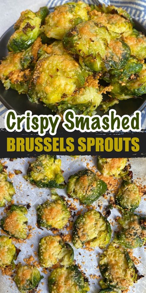 How to make the world's best vegetable side dish. Even if you don't like brussels sprouts, you're going to love this ingenious way of baking them. You can make this easy recipe with fresh or frozen sprouts! They just need to be steamed first. The frozen brussels sprouts can be steamed in the microwave directly in the bag to make it extra easy. Then toss with olive oil and seasoning. Line them on a large baking sheet and smash with the bottom of a cup. Top with grated parmesan and bake! So easy. Smashed Brussel Sprouts, Smashed Brussels Sprouts, Easy Veggie Side Dish, Veggie Side Dish Recipes, Brussel Sprout Recipes Roasted, Breakfast Low Carb, Low Carb Sides, Low Carb Side Dishes, Sprout Recipes