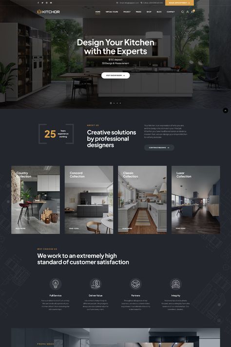 The "Kitchor" WordPress theme is a modern and stylish theme designed specifically for interior design and architecture websites. It offers a range of features and customization options to create a visually stunning and functional website for your interior design business. Design Offices, Blue And Gold Website Design, Dark Website Design, Webpage Design Layout, Architecture Websites, Interior Design Sites, Construction Website, Design Sites, Business Web Design