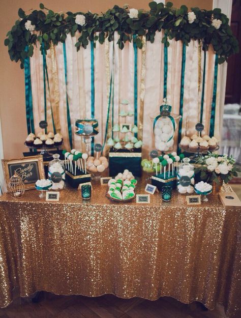 Green And Gold Candy Bar, Emerald Green Snack Table, Emerald Green And Gold Candy Table, Candy Table Ideas For Quinceanera Emerald Green, Emerald And Gold Dessert Table, Emerald Dessert Table, Emerald Green Candy Table, Emerald Green Quince Dessert Table, Emerald And Gold Party