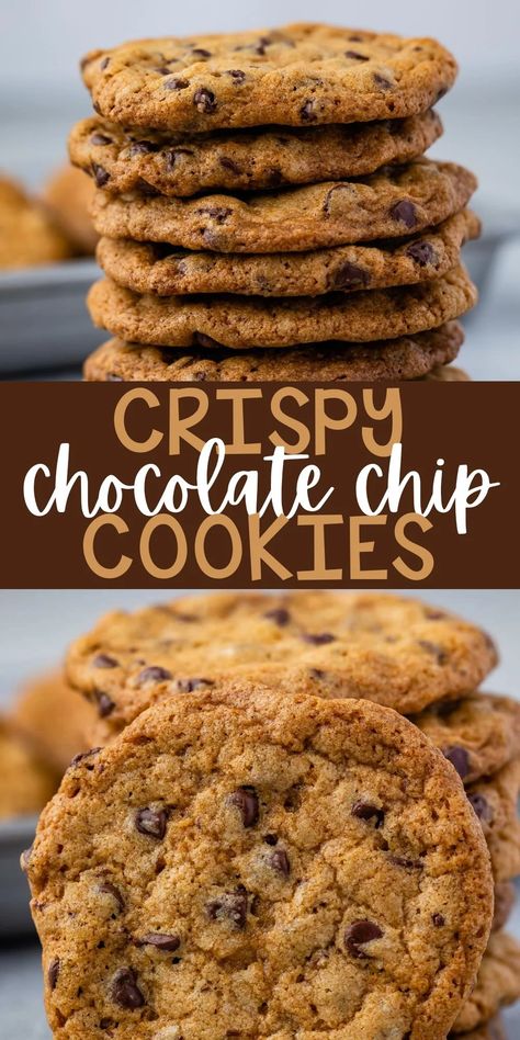 Crispy Chocolate Chip Cookies are perfectly sweet and crunchy all the way though - these are the PERFECT chocolate chip cookie recipe if you love crunchy cookies! Crispy Cookies Recipe, Crunchy Cookies Recipe, Choc Chip Cookie Recipe, Perfect Chocolate Chip Cookie Recipe, Crunchy Chocolate Chip Cookies, Crispy Chocolate Chip Cookies, Oatmeal Chocolate Chip Cookie Recipe, Cookie Balls, Choco Chip Cookies