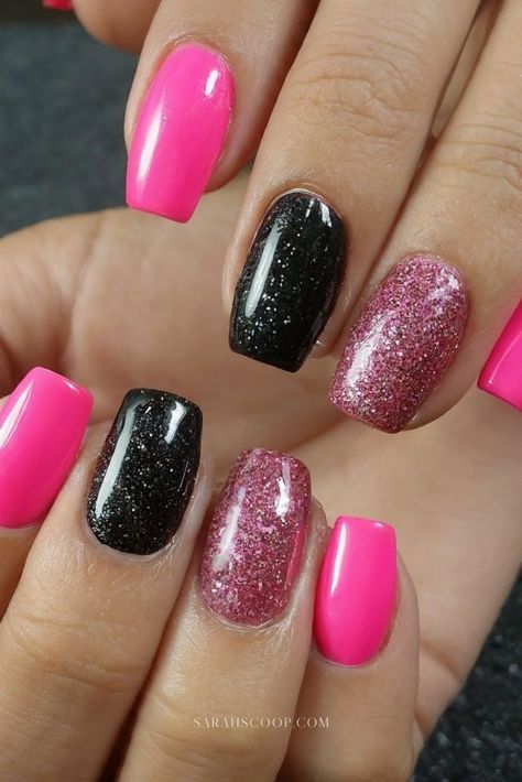 Nail Designs Pink And Black, Hot Pink Sparkly Nails, Hot Pink And Black Nails Acrylics, Black Nail Designs Short, Hot Pink Nails With Glitter, Pink And Black Nail Designs, Pink Oval Nails, Nail Designs Black, Nail Designs Short