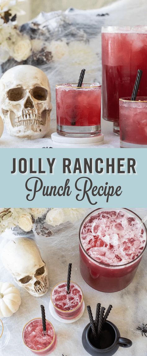 What's Halloween without a Halloween punch?! Our spiked Jolly Rancher punch is perfect for a crowd and full of fruity, candy flavors without being too sweet! It's the most delicious punch for a Halloween pumpkin carving night, or a Halloween movie night or even for a fall harvest party. #HalloweenPunch #HalloweenRecipe #HalloweenCocktail #JollyRancherPunch Spiked Jolly Rancher Punch, Halloween Themed Punch Alcohol, Halloween Party Chili Bar, Wine Halloween Drinks, Dye Free Halloween Punch, Shrunken Head Punch, Fun Halloween Alcoholic Drinks, Boozy Punch Recipes Halloween, Trick Or Treat Drinks For Adults