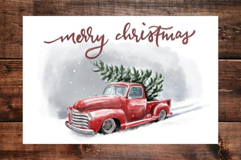 Free, Printable Country Christmas Cards | HGTV Country Christmas Cards, Truck Painting, Handmade Stationary, Fox Card, Red Truck Christmas, Vintage Red Truck, Christmas Painting, Christmas Truck, Christmas Paintings