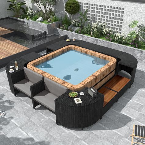 PRICES MAY VARY. Made for Portable Spa - This patio spa surround is a versatile accessory for your spa. It gives the spa a chic and modern look while creating a more functional and user-friendly spa area. This spa surround is suitable for the portable spa with its side of 74” (Note: this spa surround does not include the portable spa). Durable Material - The main material of this outdoor rattan sectional sofa set are rattan and steel, which are practicable and durable. And the cushions on the so Portable Hot Tub Ideas, Tub Accessories, Hot Tub Surround, Wicker Outdoor Sectional, Rattan Weaving, Spa Area, Hot Tub Accessories, Mini Sofa, Rattan Material