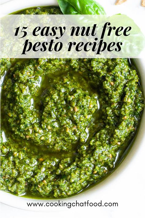 Nut Free Pesto Basil, Homemade Basil Pesto Recipe Nut Free, No Garlic Pesto, Pine Nut Substitute For Pesto, Pesto Recipe Without Nuts Basil, Easy Pesto Recipe Without Pine Nuts Healthy, Pesto Sauce Without Pine Nuts Recipe, Pesto Recipe No Pine, Pesto Recipe Without Nuts Or Seeds