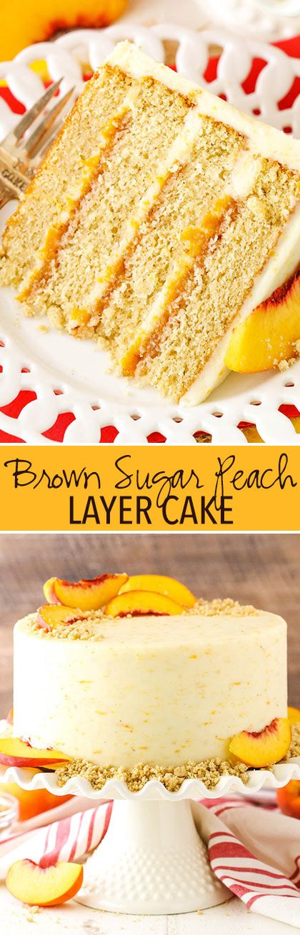 Brown Sugar Layer Cake with Peach Filling! Layers of moist brown sugar cake, fresh peach filling and peach mascarpone frosting! Made with @DominoSugar! #sponsored #imsomartha Peach Mascarpone, Brown Sugar Cake, Peach Filling, Brown Cake, Brown Sugar Cakes, Mascarpone Frosting, Cake Filling, Peach Desserts, Sugar Cake