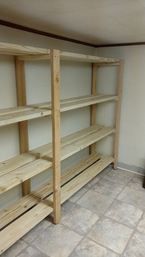 Food Storage Shelves Diy, Shelving For Basement Storage, Diy Basement Shelving, Diy Pantry Shelves Free Standing, Shelf Building Ideas Easy Diy, Basement Storage Ideas Unfinished, Basement Shelving Ideas, 2x4 Shelves, Storage Room Shelves