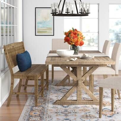 Sand & Stable Averie Extendable Pine Solid Wood Dining Set & Reviews | Wayfair Eat In Kitchen Dining Tables, White Kitchen With Dining Table, Boho Dining Room Table, Modern Coastal Dining Room, Coastal Dining Table, Light Brown Table, Solid Wood Benches, Wood Table Bases, Solid Wood Dining Set