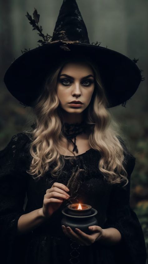 Free AI Image | View of daunting witch character Blonde Goth, Witch Photos, Witch Pictures, Witch Characters, Fantasy Witch, Beautiful Witch, Black Magic Woman, Photoshoot Themes, Season Of The Witch