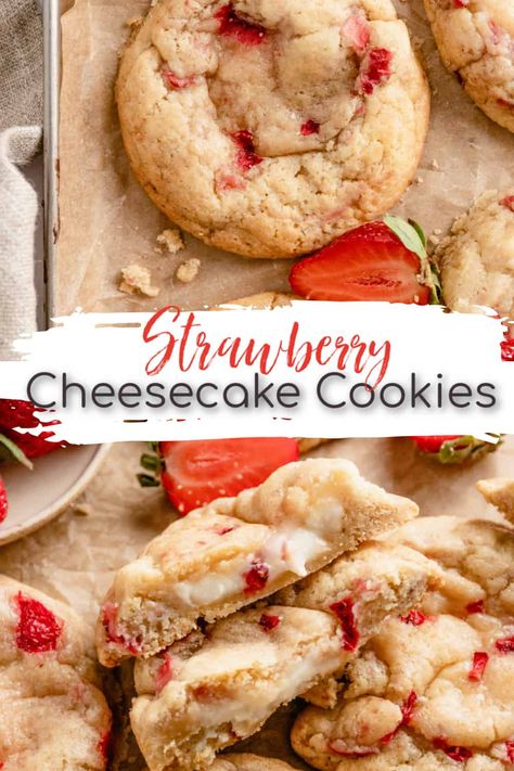 Trending Desserts 2024, Infused Cookies, Strawberry Cream Cheese Cookies, Fun Cheesecake Recipes, Strawberry Cheesecake Cookies, Cheesecake Cookies Recipes, Valentine Goodies, Easy Strawberry Cheesecake, Strawberry Dessert Recipes