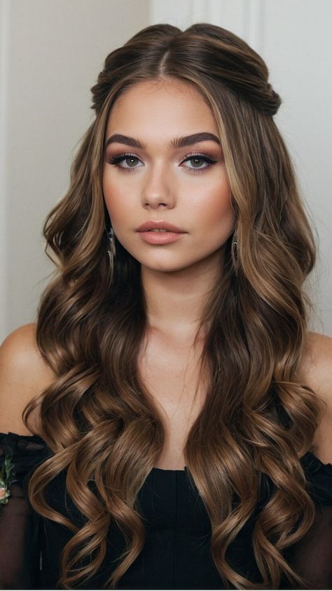 Graduation Up Do Hairstyles, Weave Hairstyles For Graduation, Wavy Hair For Photoshoot, Curls Hairstyles For Long Hair, Up Styles For Long Hair Wedding, Bridesmaids Hair Straight, Hair Do With Headband, Hair Half Up Half Down Prom, Hairstyle For Damas