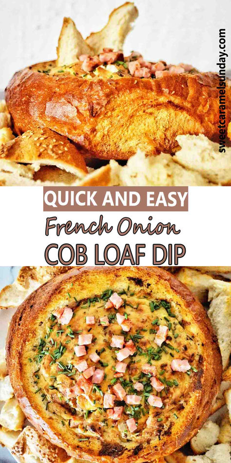 Cob loaf with French onion dip on white plate with text written between 2 images. Best Cob Loaf Recipe, French Onion Cob Loaf, Cob Loaf Dip Recipes French Onion, Cobb Loaf Dip Recipes, Cob Loaf Recipe, Easy Cob Loaf Recipes, Cob Loaf Recipes, Cob Loaf Dip Recipes, Onion Loaf Recipe