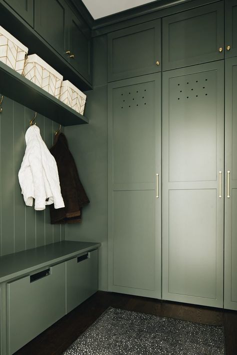 Green Lockers Mudroom, Mudroom Green, Green Mudroom Cabinets, Luxury Mudroom, Green Mudroom, Gray Mudroom, Green Shiplap, Country Laundry, Mudroom Inspiration