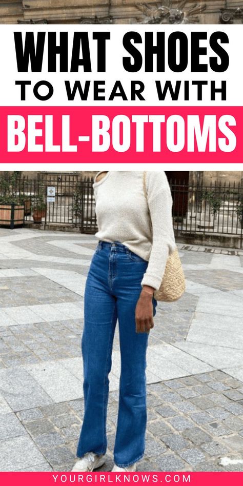 Don't know how to complete your bell-bottom outfit? Turn up the volume on your look with our top picks for shoes to wear with bell bottoms. Take one small step toward a groovy style today! Bell Bottoms And Sneakers, Shoes To Wear With Bell Bottom Jeans, Casual Bell Bottoms Outfit, Bell Bottoms Outfit Winter, Bell Bottom Jeans Outfit Casual, Flared Jeans Shoes, How To Wear Bell Bottom Jeans, Bell Bottom Jeans Outfit 70s, Bell Jeans Outfit