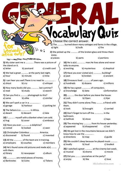 General Vocabulary Quiz - English ESL Worksheets for distance learning and physical classrooms English Quiz, Vocabulary Exercises, Vocabulary Quiz, Grammar Quiz, English Grammar Worksheets, Grammar Practice, Vocabulary Practice, English Teaching, English Language Teaching