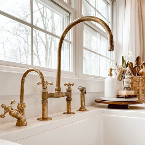 Unlacquered Brass Kitchen Faucet, Solid Brass 8 Bridge Faucet With Cross Handles and Straight Legs - Etsy Unlacquered Brass Kitchen Faucet, Unlacquered Brass Kitchen, Bridge Faucet, Brass Kitchen Faucet, Kitchen Finishes, Kitchen Details, Brass Kitchen, Unlacquered Brass, Kitchen Faucet