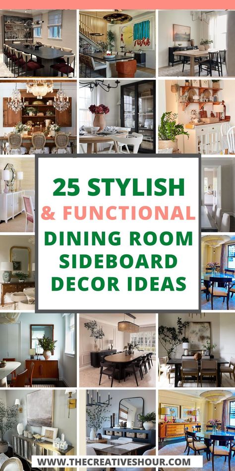 Discover how to elevate your dining space with these elegant dining room sideboard decor ideas. Whether you're drawn to farmhouse charm or traditional elegance, this guide offers inspiration and tips for styling your sideboard. Learn how to blend practical storage with aesthetic appeal, incorporating vases, family heirlooms, and unique finds to create a focal point that's both beautiful and functional. Perfect for any home looking to add a touch of sophistication. Decorate A Sideboard, Dining Room Sideboard Decor, Dining Room Sideboard Styling, Dining Room Buffet Styling, Side Board Decor, Sideboard Decor Ideas, Functional Dining Room, How To Decorate A Sideboard, Sideboard Decor Dining Room