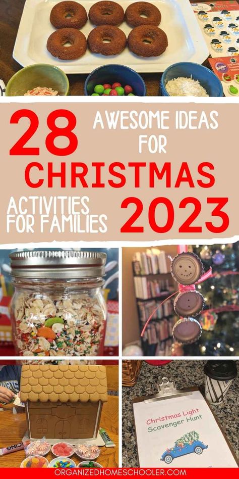 28 awesome idas for Christmas activites for families 2023 written in the middle of a Christmas donut bar, reindeer food, a homemade Christmas ornament, a gingerbread house, and a Christmas light scavenger hunt printable Fun Christmas Ideas For Families, Kid Christmas Activity Ideas, Christmas Family Home Evening Lessons, Christmas Home Activities For Kids, 25 Days Christmas Ideas, Fun Family Christmas Activities At Home, Fun Christmas Stuff To Do With Kids, Christmas Parent Involvement Ideas, Christmas Cabin Activities