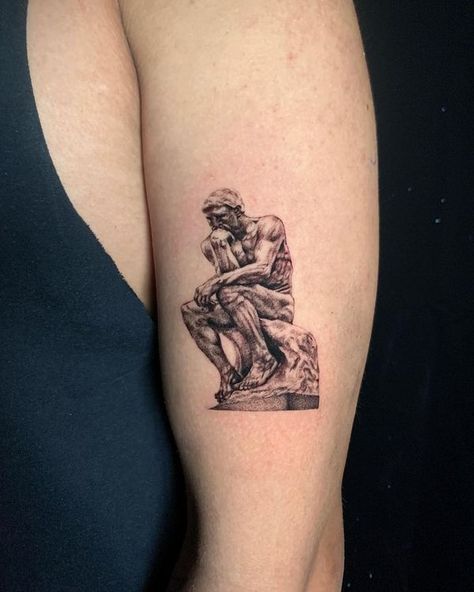 Artcoholic Thinking Man Tattoo, The Thinker Tattoo, Thinker Tattoo, The Thinker Statue, Microrealism Tattoo, Simple Tattoos For Guys, Small Tats, Statue Tattoo, Mens Shoulder Tattoo