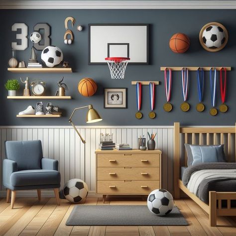 Usa Boys Bedroom, Sports Themed Rooms For Boys, Big Kid Room Boy Bedrooms, Boys Accent Wall Bedroom, Boys Sport Themed Bedroom, Toddler Boy Sports Bedroom, Sport Themed Bedroom For Boys, Teen Boys Sports Bedroom Ideas, Little Boy Sports Bedroom