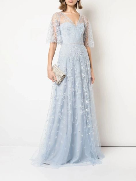 Light Blue Gown, Embroidered Cocktail Dress, Embroidered Tulle Dress, Designer Evening Gowns, Designer Evening Dresses, Blue Wedding Dresses, Mother Of Bride, Tulle Gown, Tea Length Dresses