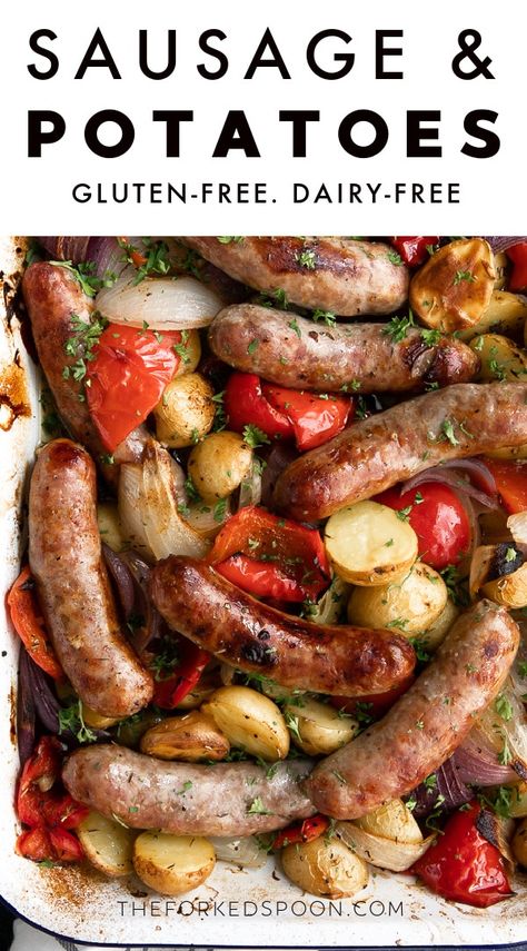 Easy Oven-Roasted Sausage and Potatoes. Simple and delicious, this one-pan Sausage and Potatoes Recipe is filled with onion, sweet Italian sausage, bell peppers, and baby potatoes. Enjoy this hearty, family-friendly dinner as a quick weeknight meal and enjoy the leftovers for meal prep the next afternoon. Sausage And Peppers Potatoes Oven, Sausage Potato Tray Bake, Italian Sausage Peppers Onions Potatoes, Sausage Potatoes And Peppers Sheet Pan, Apple Sage Sausage Recipe, Sausage Potatoes Peppers And Onions, Sausage Peppers Onions And Potatoes Skillet, Oven Baked Sausage And Potatoes, Italian Sausage And Potatoes Skillet