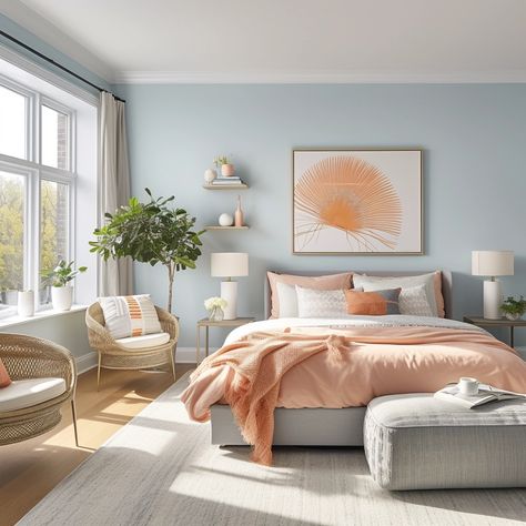 light blue bedroom with peach accents Light Colors Bedroom Ideas, Spare Bedroom Ideas Colourful, Peach And Blue Bedroom Ideas, Bedroom Blue Walls Aesthetic, Bedroom Decor Light Blue, Calm Blue Bedroom Ideas, Sky Blue Bedroom Walls Decorating Ideas, Light Blue Bedroom Walls Colour Schemes Color Combinations, Light Blue And Wood Bedroom